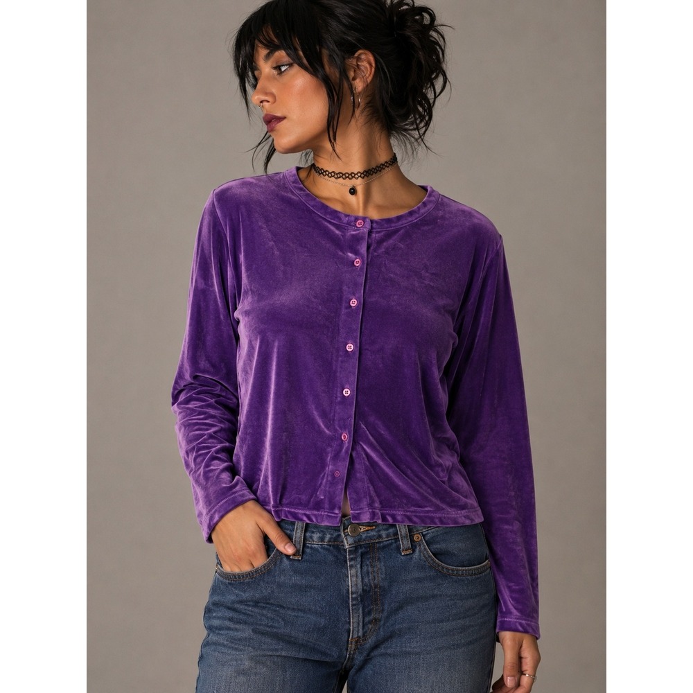 Route 66 Purple Velour Cardigan Large 90s Y2K Whimsigoth Fairy Grunge Top